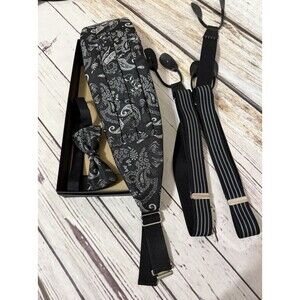 Vintage Retro SANTANA Suspenders Cummerbund and Bow Tie Set Black Gray Paisley